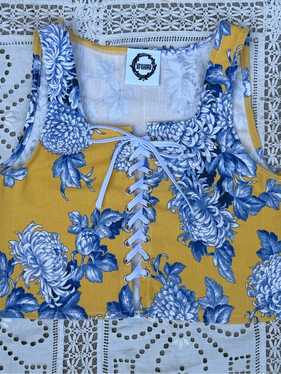 Handmade Tops - Lace-Up Floral Crop Tank Top - Blue Floral on Yellow